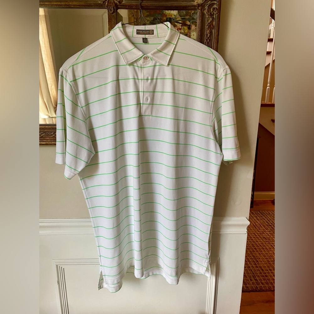 Peter Millar green and white striped shirt large